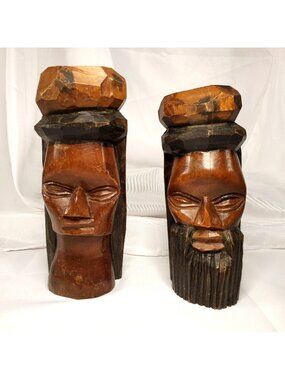 Vintage Jamaican Hand-Carved Wooden Couple Man and Woman Bust Sculptures